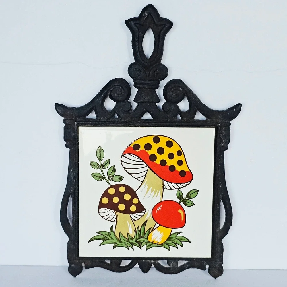 1970 Sears Roebuck Merry Mushroom Trivet Cast Iron Ceramic Tile Wall Decor Retro